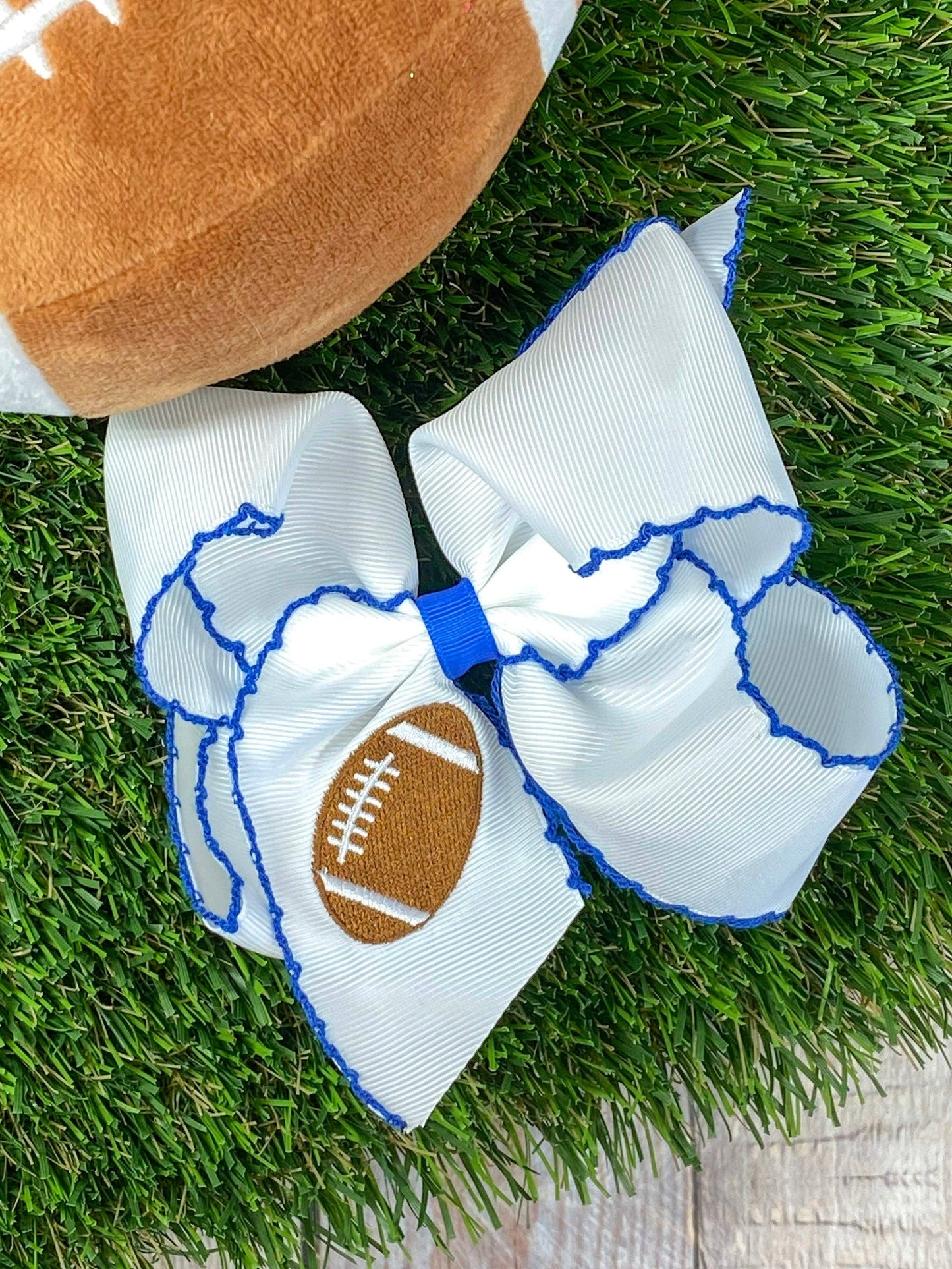 Football Embroidered Moonstitch Hair Bows: Orange/White