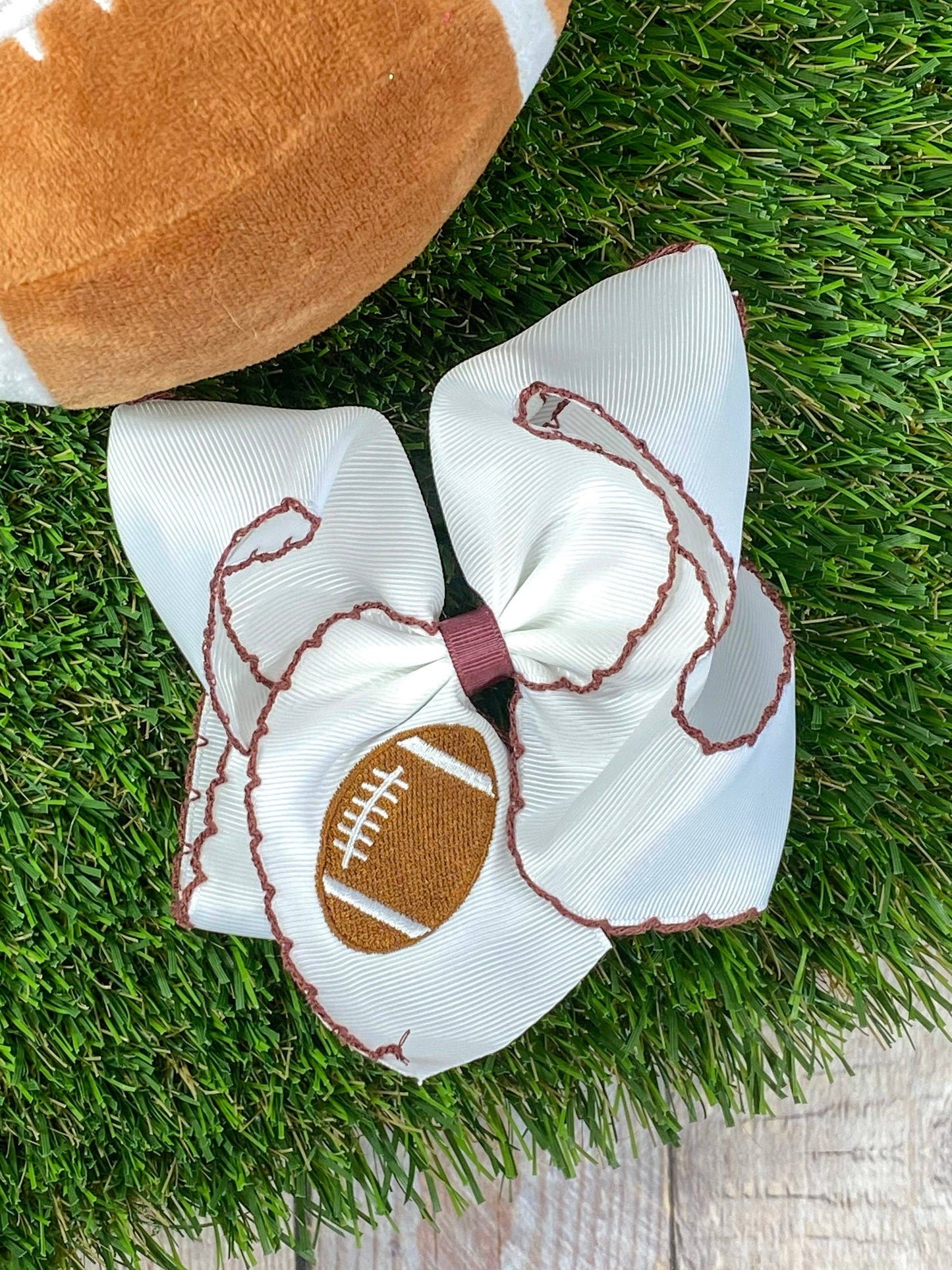 Football Embroidered Moonstitch Hair Bows: Purple/White