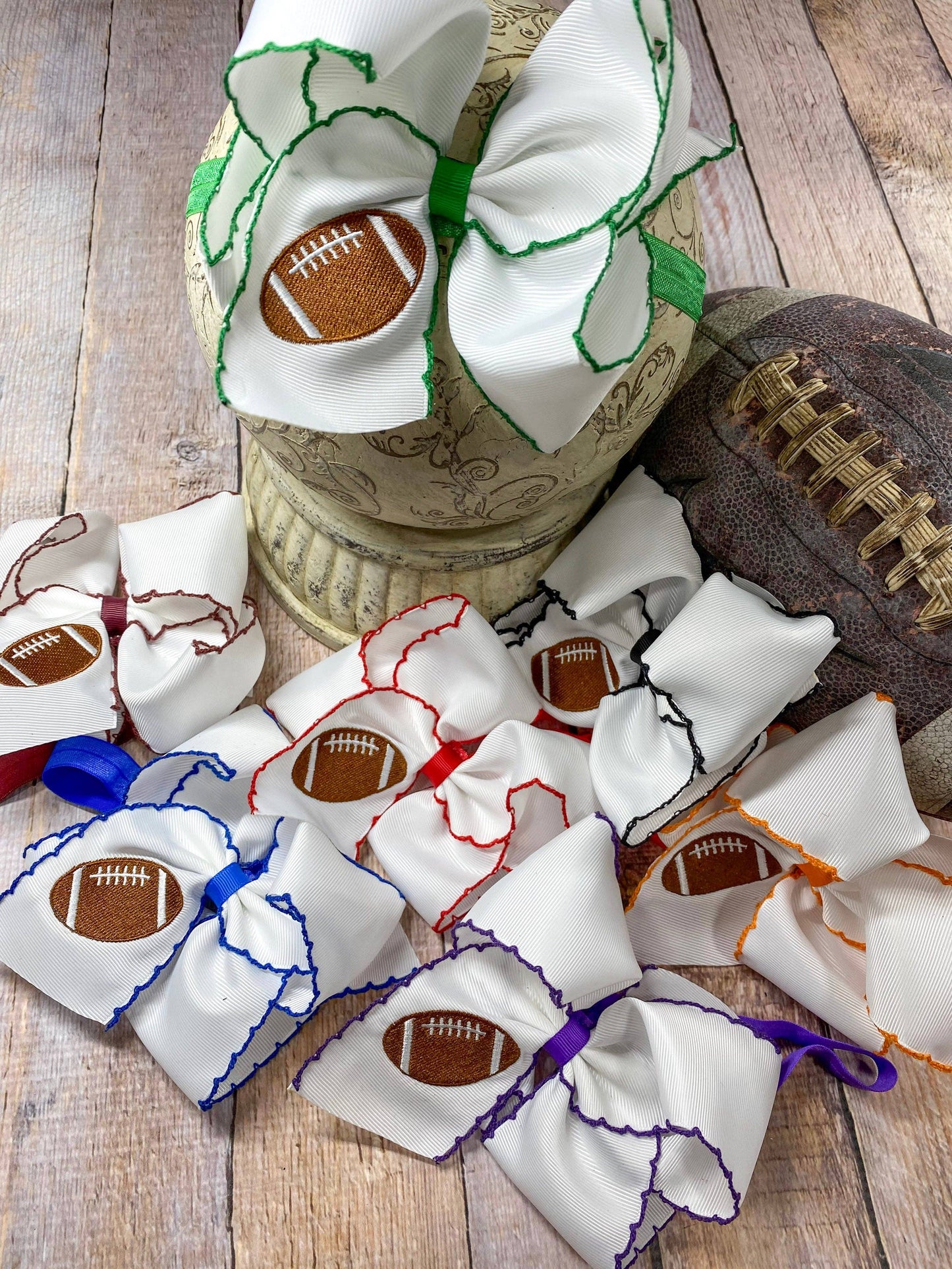 Football Embroidered Bow Headbands: Red/White