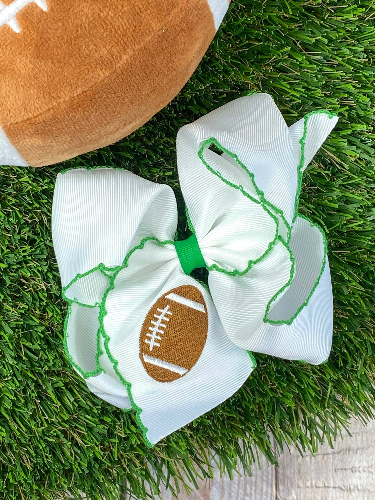Football Embroidered Moonstitch Hair Bows: Orange/White