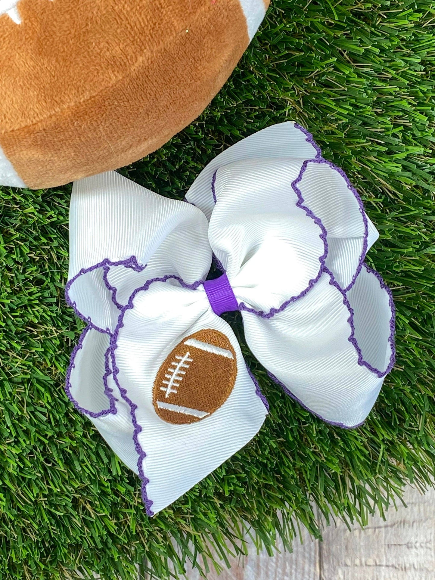 Football Embroidered Moonstitch Hair Bows: Purple/White