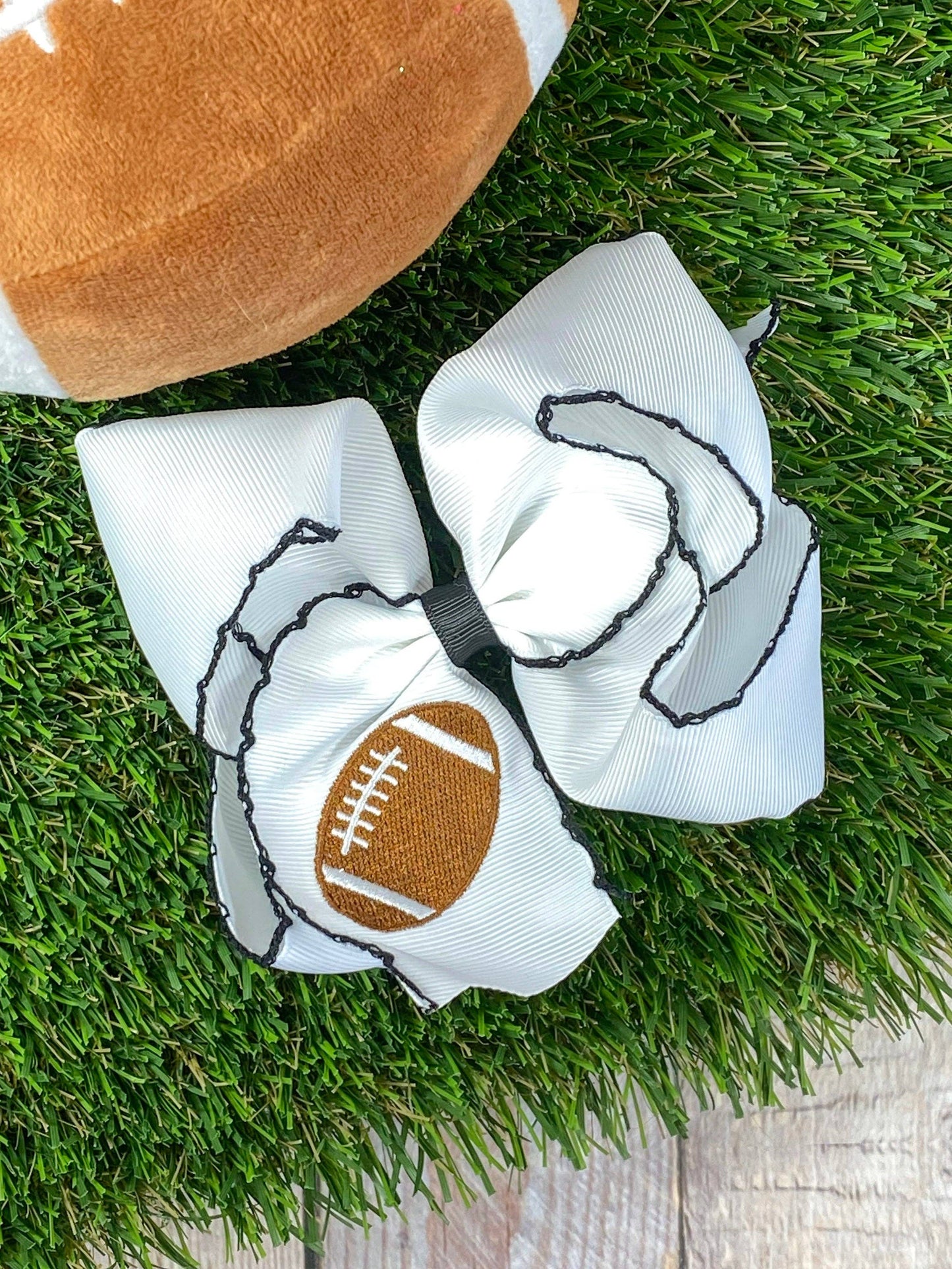 Football Embroidered Moonstitch Hair Bows: Red/White
