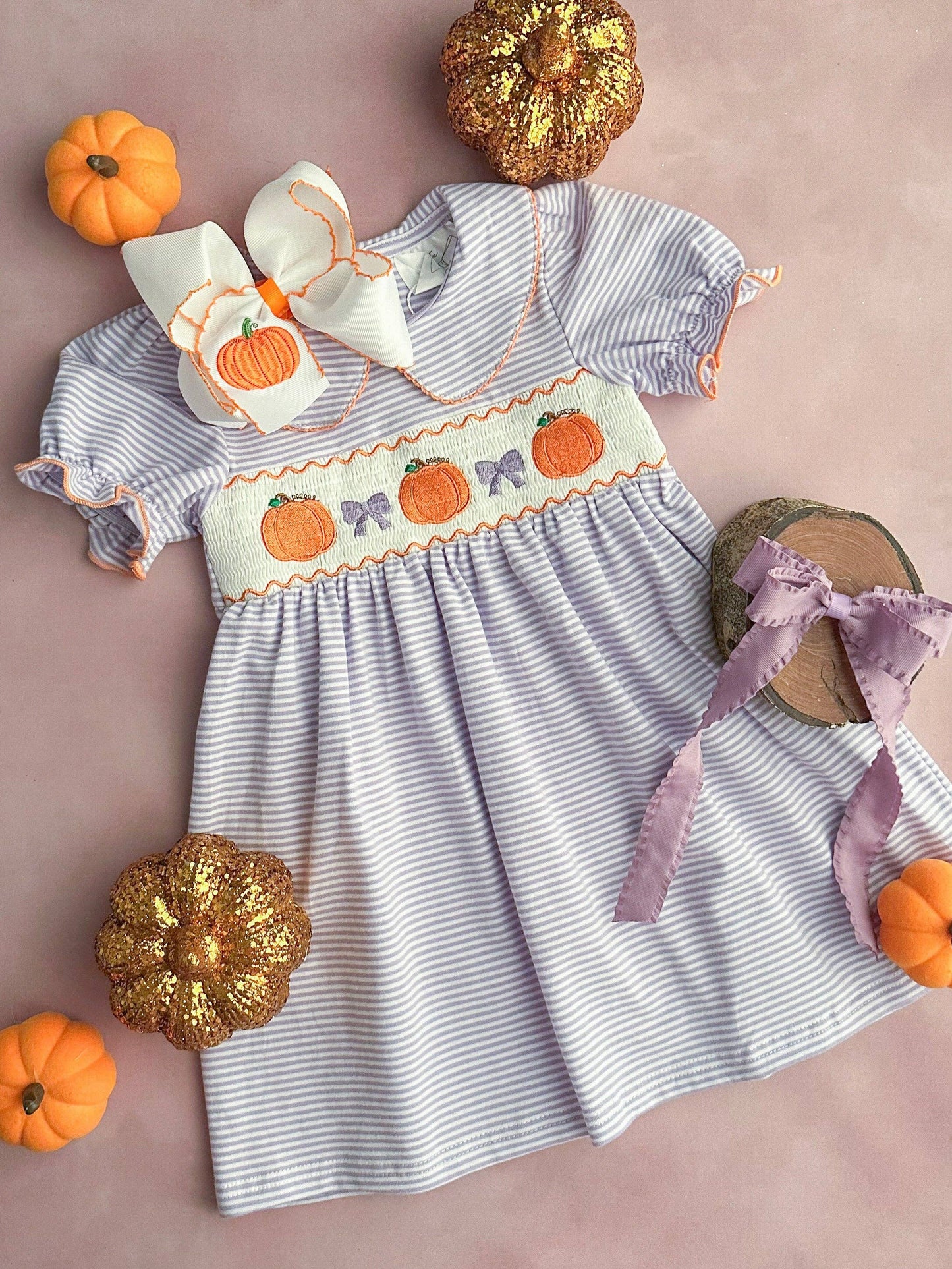 Pumpkins & Purple Bows Collared Dress