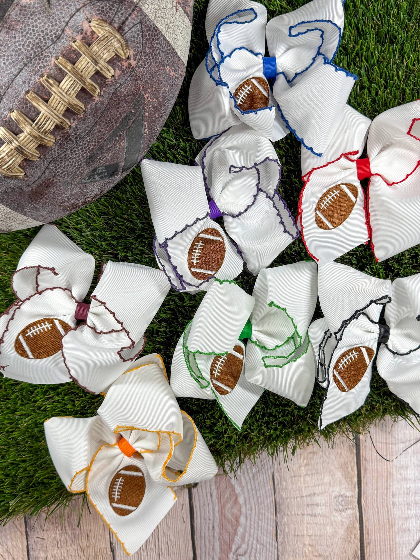 Football Embroidered Moonstitch Hair Bows: Maroon/White