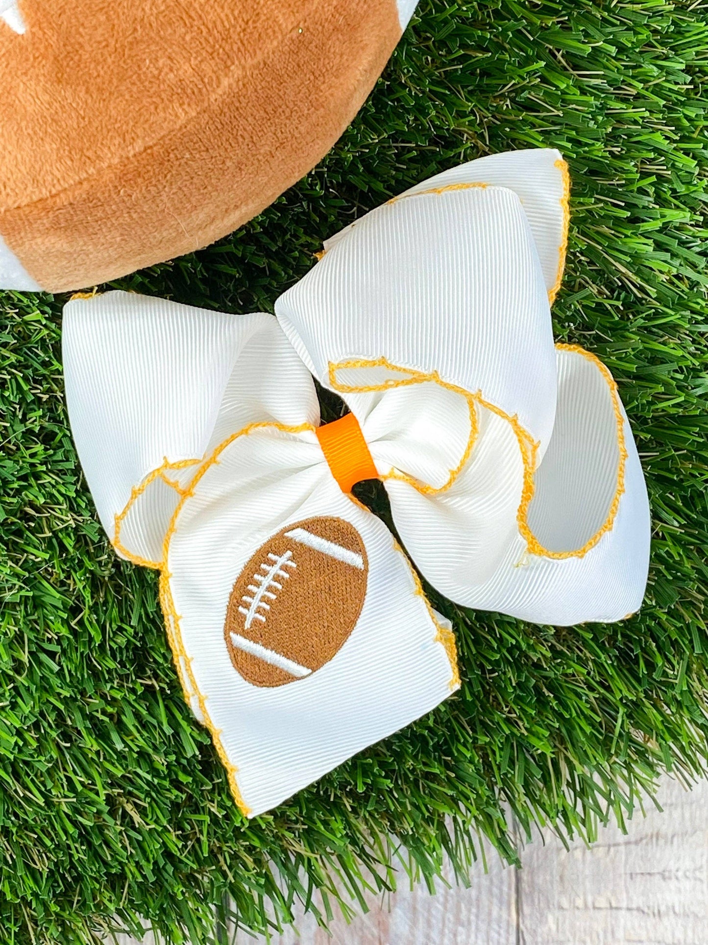 Football Embroidered Moonstitch Hair Bows: Purple/White