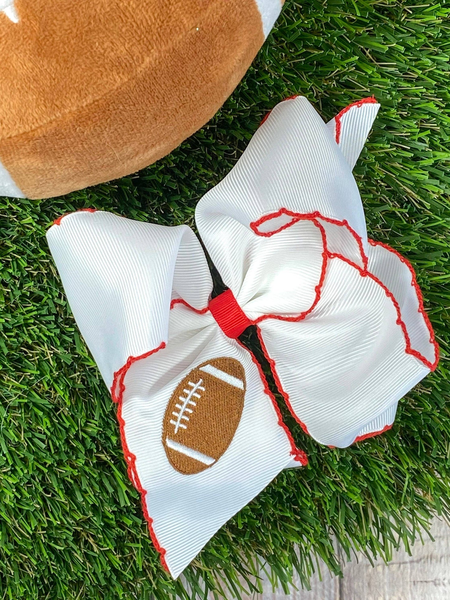 Football Embroidered Moonstitch Hair Bows: Orange/White