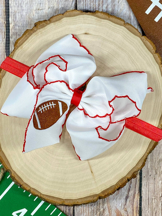 Football Embroidered Bow Headbands: Red/White
